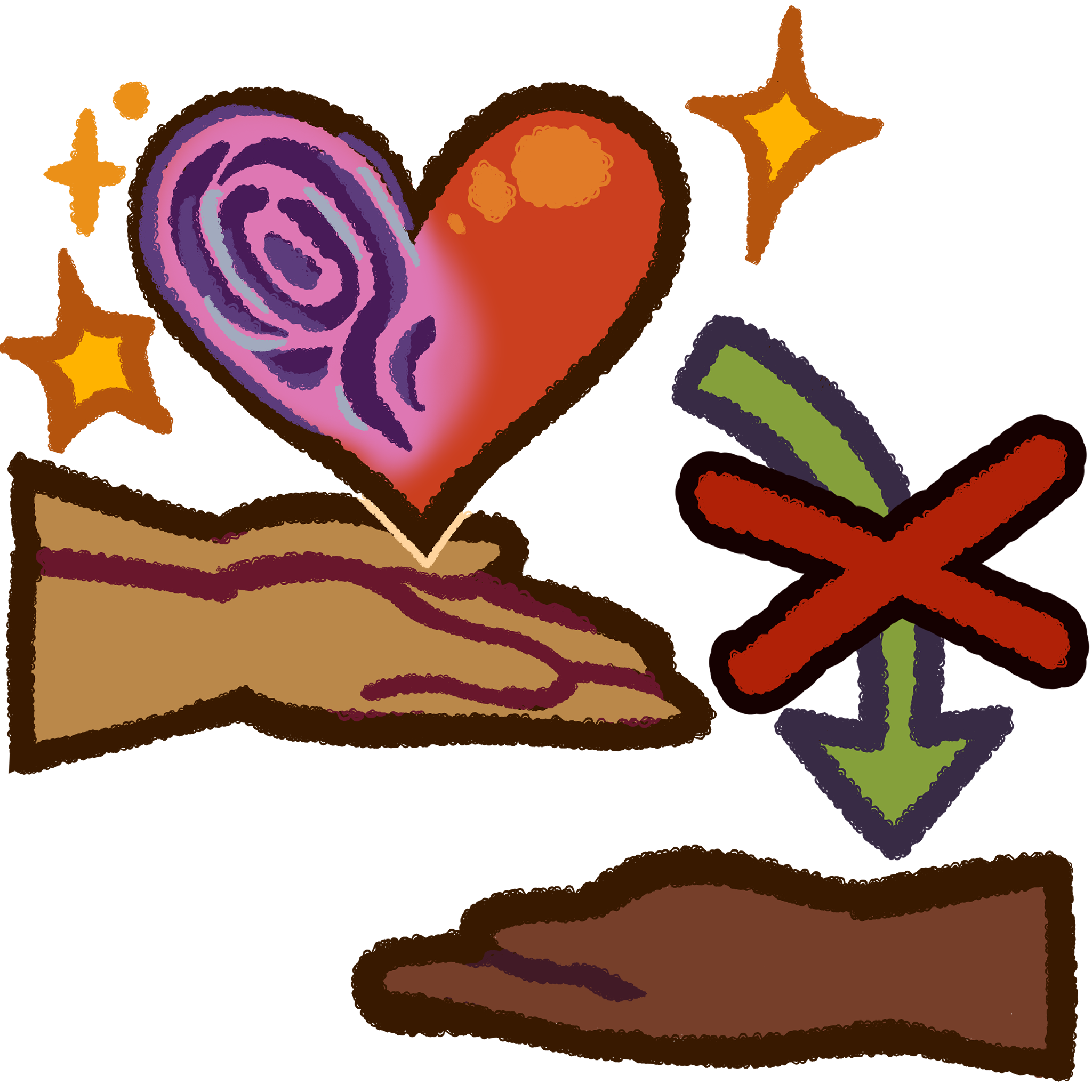 in the top left 2 stars and sparkles next to a heart where one half is a pinkish purple fingerprint patter and the other is red in 2 yellow hands. To the right is a green arrow pointing down with a red X on it pointing toward a brown hand.